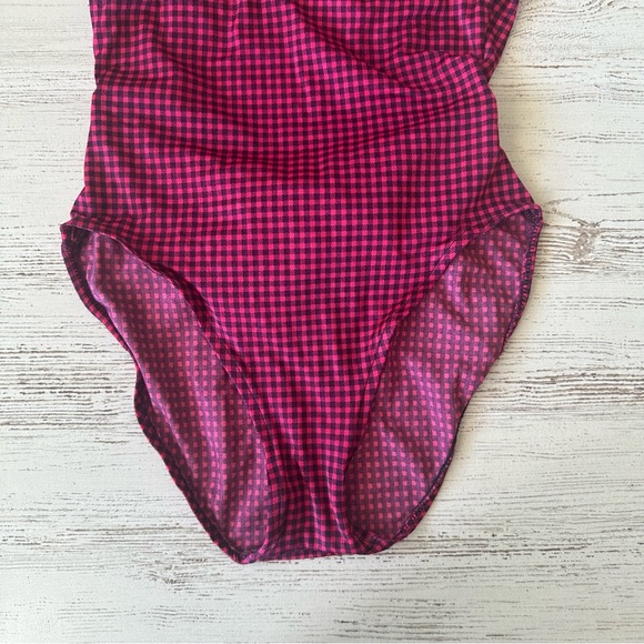 VINTAGE 80s Gingham High Cut Bow One Piece Swimsuit Dunkis of New York Hot Pink - Picture 4 of 14